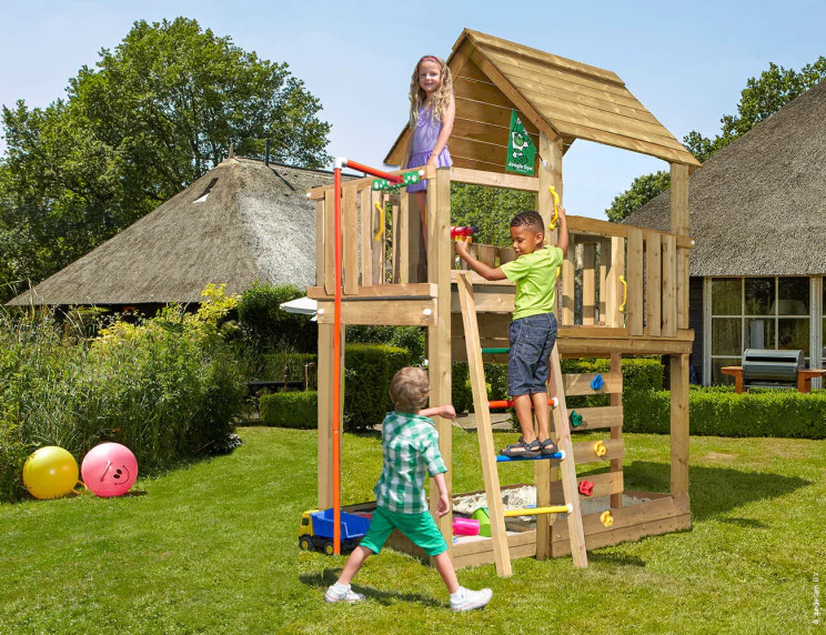 Kids Wooden Climbing Frame Small Garden • Jungle Cubby Fireman's Pole