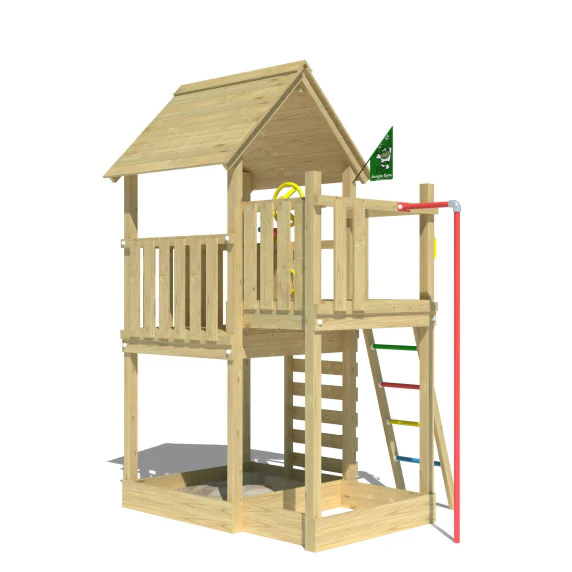 Kids Wooden Climbing Frame Small Garden • Jungle Cubby Fireman's Pole